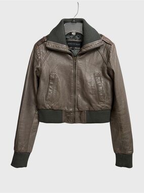 American Base Leather Bomber Jacket Y2K Women’s L (XS/S) Taupe Cropped Aviator